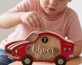Wooden Racing Car Piggy Bank Personalized, Custom Name Bank for Kids, Race Car Nursery Decor, Baby Savings Bank Gift