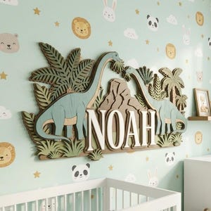 Dinosaur Name Sign for Nursery, Personalized Wood Name Sign, Boys Bedroom Wall Decor, Custom Wooden Letters, Brachiosaurus Room Decor