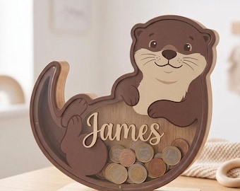 Hucha personalizada de nutria para niños, hucha con nombre personalizado, decoración de madera con nutria para la habitación infantil, hucha de ahorros para niños, regalo para bebés (niños y niñas).