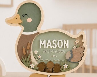 Hucha personalizada con forma de pato, hucha de madera a medida, decoración para la habitación del bebé niño, hucha con forma de pato ánade real, regalo para el primer cumpleaños