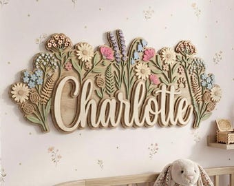 Letrero personalizado con diseño de flores silvestres, decoración infantil de madera 3D con motivos de pradera, arte mural floral personalizado, placa de madera para habitación de niña, regalo de cumpleaños para recién nacidos.