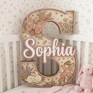 May include: A decorative wooden letter "S" in light pink, featuring the name "Sophia" in white script. The letter is adorned with a butterfly, flowers, a sleeping rabbit, and a fairy, perfect for nursery decor. The design uses natural wood tones.