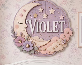 Letrero de cuna con luna y estrellas, letrero celestial de madera personalizado, decoración de nubes florales lavanda para bebé niña, arte de pared para cuna, regalo para bebé