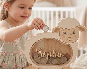 Cofrinho personalizado em forma de ovelha para crianças, cofrinho com nome de animal personalizado, decoração de quarto infantil em madeira com ovelha, alpaca, leão, ouriço, zebra e girafa, cofre para poupança.