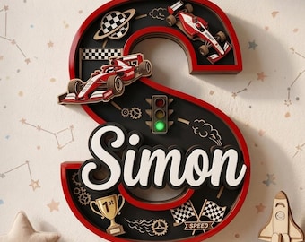 Letrero personalizado con nombre de carreras, decoración de pared con letras personalizadas con temática de autos de carreras, decoración para habitación infantil de niño, arte de pared para amantes de los autos