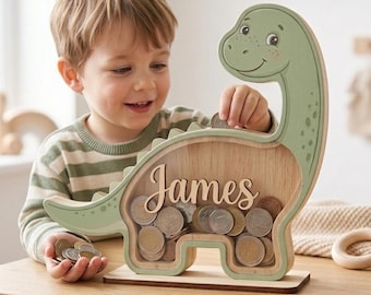 Hucha personalizada de dinosaurio para niños, hucha con nombre personalizado, decoración de madera con forma de dinosaurio para la habitación infantil, hucha de ahorros para niños, regalo de cumpleaños para niños y niñas.