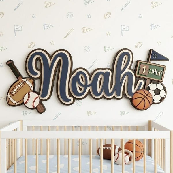 All Star Sports Personalized Name Sign, Wooden Nursery Decor, Football Baseball Basketball Wall Art, Baby Boy Room Plaque