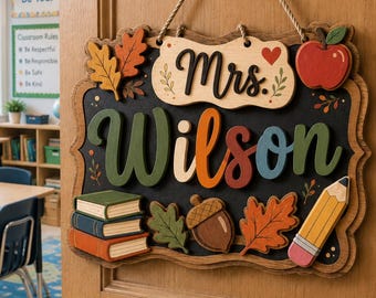 Letrero personalizado para la puerta del profesor, placa de madera personalizada para el aula con el nombre del alumno en otoño, regalo de agradecimiento para el profesor, decoración de otoño para la vuelta al cole, aula