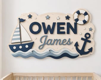 Letrero náutico personalizado con nombre, decoración de pared personalizada para niño, placa de madera con ancla de velero, decoración para habitación de bebé con temática oceánica, letrero para guardería con temática costera