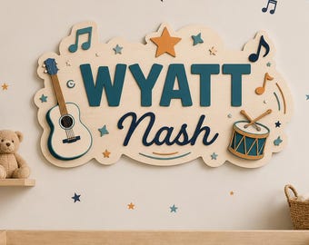 Letrero personalizado para cuna con diseño musical, arte de pared de madera con temática musical, decoración para habitación de niño estrella de rock, letrero de cuna con nombre de guitarra, regalo para baby shower