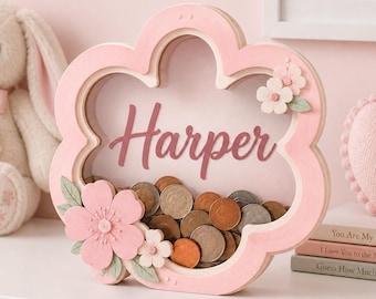 Hucha personalizada con forma de flor, caja de dinero personalizada con nombre de niña, hucha de madera con diseño floral, hucha infantil, regalo de cumpleaños para niña