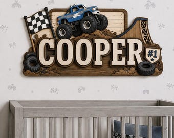 Letrero personalizado con nombre de Monster Truck, letrero de madera personalizado para habitación infantil de niño, decoración de dormitorio con temática de autos de carreras todoterreno, arte de pared para cuna, regalo para niño pequeño