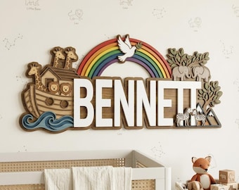 Personalisierte Arche Noah Namensschild, Regenbogen Kinderzimmer Wanddekoration, Benutzerdefinierte Baby Name Schild, Tier Arche Raumdekor, Neugeborenen Jungen Geschenk
