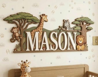 Letrero personalizado con el nombre de un animal de safari, decoración de pared personalizada para la habitación del bebé, animales de la selva en madera 3D: cebra, jirafa, mono, león, decoración para la habitación del bebé.