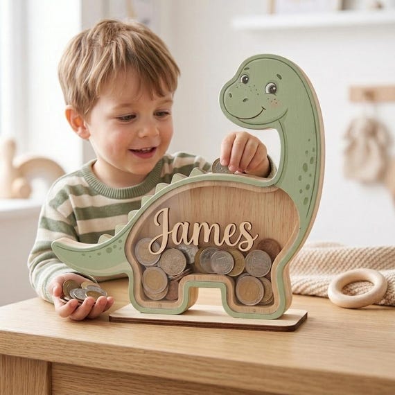 Personalized Dinosaur Piggy Bank for Kids, Custom Name Coin Bank, Wooden Dino Nursery Decor, Kids Savings Bank, Birthday Gift for Boys Girls