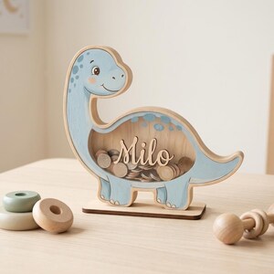 Personalized Dinosaur Piggy Bank for Kids, Custom Name Coin Bank, Wooden Dino Nursery Decor, Kids Savings Bank, Birthday Gift for Boys Girls image 10