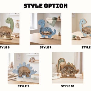 May include: Wooden dinosaur-shaped coin banks in various pastel colors, each with a name displayed. The image shows different styles, including green, blue, and natural wood tones. The text "STYLE OPTION" is at the top.