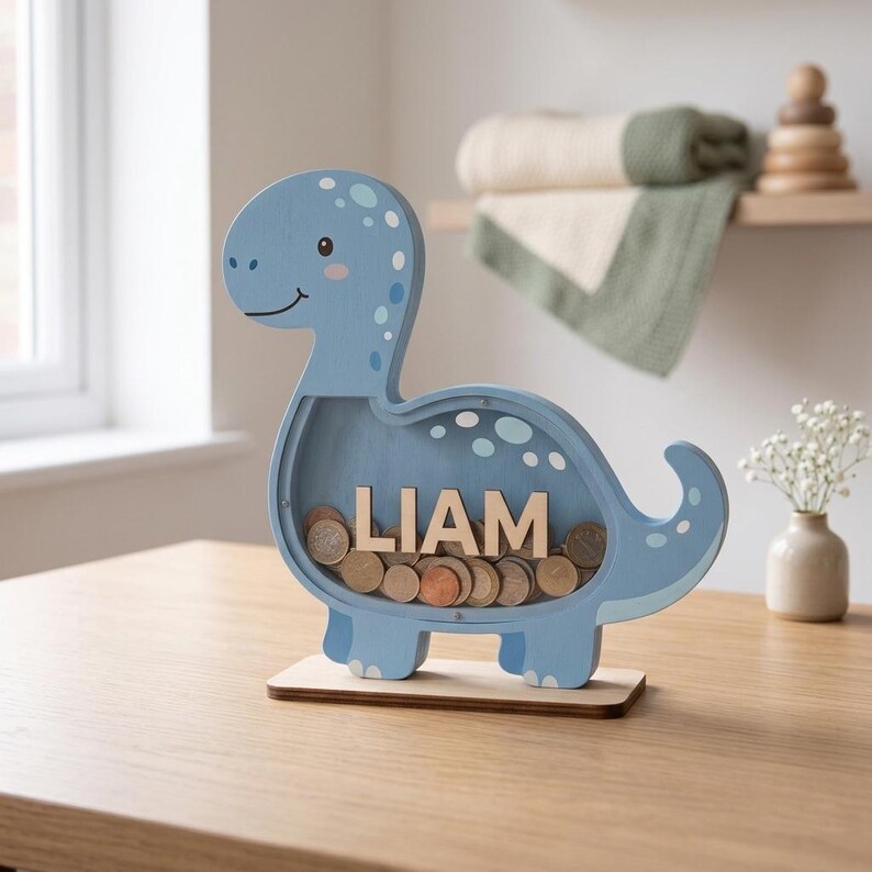 May include: A light blue wooden dinosaur-shaped coin bank with the name "LIAM" in wooden letters. The bank is filled with coins and sits on a wooden base. The dinosaur has white spots and a smiling face.