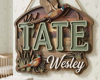 Letrero personalizado de faisán para la habitación del bebé, anuncio de nacimiento de niño, decoración de habitación con temática de caza, placa de madera personalizada con el nombre del bebé.