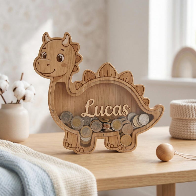 May include: Wooden dinosaur-shaped coin bank filled with coins. The bank is light brown with the name "Lucas" in script. The dinosaur has a friendly face and a row of spikes along its back. The bank is sitting on a wooden table.