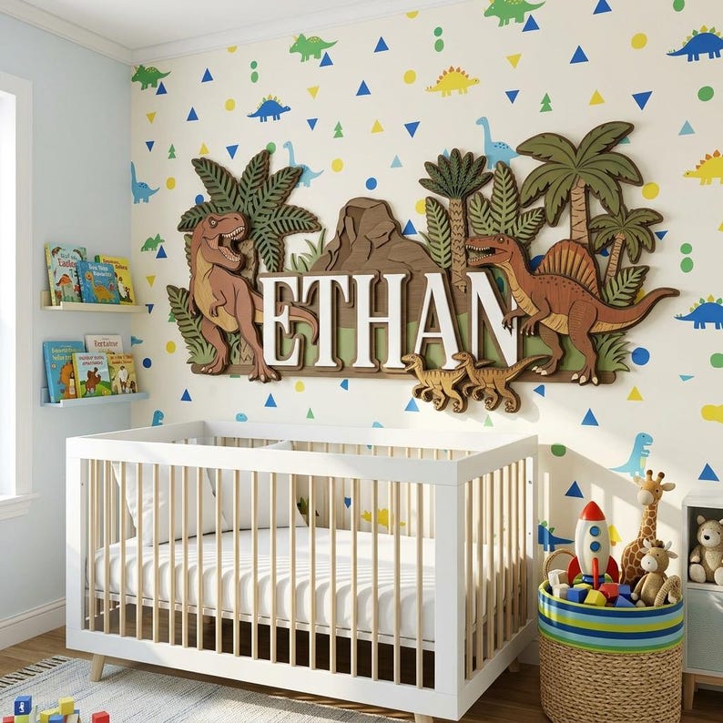 Letrero personalizado con nombre de dinosaurio, decoración infantil de dinosaurio en madera 3D personalizada, arte de pared para habitación de niño con volcán T-Rex, regalo para baby shower de estegosaurio y triceratops imagen 1