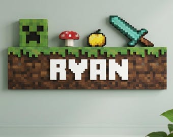 Letrero personalizado para puerta estilo Minecraft, letrero personalizado con nombre de minero, decoración 3D para habitación de gamer, letrero de pared infantil, regalo para gamers