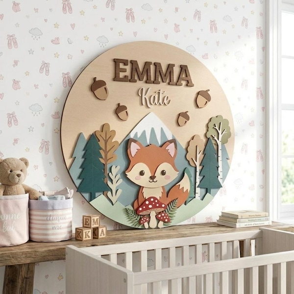 Targa personalizzata con nome a tema volpe per la cameretta, targa per neonati a tema bosco, decorazione rotonda personalizzata in legno con animali della foresta per la cameretta, cartello per la cameretta a tema montagna.