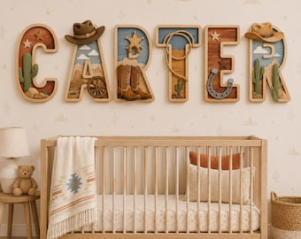 Letrero personalizado para habitación infantil con temática del Oeste, letras de madera personalizadas de vaquero para pared, decoración para habitación de niño con temática del Oeste, letrero de cuna con lazo de cactus, regalo para bebé.