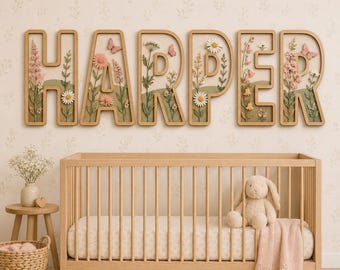 Letras personalizadas con nombre para habitación infantil con motivos florales, letrero de madera personalizado para niña, decoración de pared con flores silvestres de estilo cottagecore, regalo para baby shower o cumpleaños.