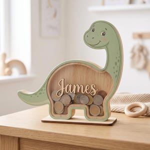 Personalized Dinosaur Piggy Bank for Kids, Custom Name Coin Bank, Wooden Dino Nursery Decor, Kids Savings Bank, Birthday Gift for Boys Girls image 11