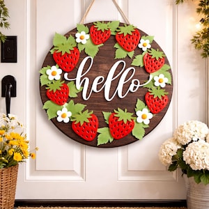 Strawberry Hello Sign SVG, 3D Layered Door Hanger, Fruit Wreath SVG, Summer Welcome Sign, Laser Cut File for Glowforge, Spring Porch Decor