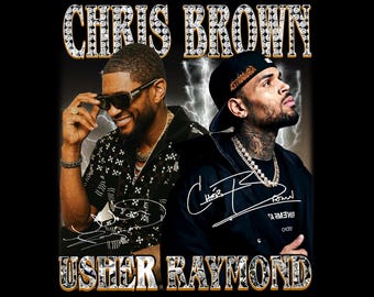 May include: A black graphic tee featuring Chris Brown and Usher Raymond. The image includes the names "CHRIS BROWN" and "USHER RAYMOND" in a diamond-studded font. Both men are pictured with jewelry and sunglasses.