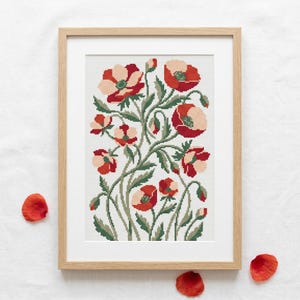 Modernes botanisches Kreuzstichmuster, minimalistisches Terrakotta & Salbei Wandkunst PDF, Retro Blumenstickerei, Wohnzimmerkunst, Wohndekor