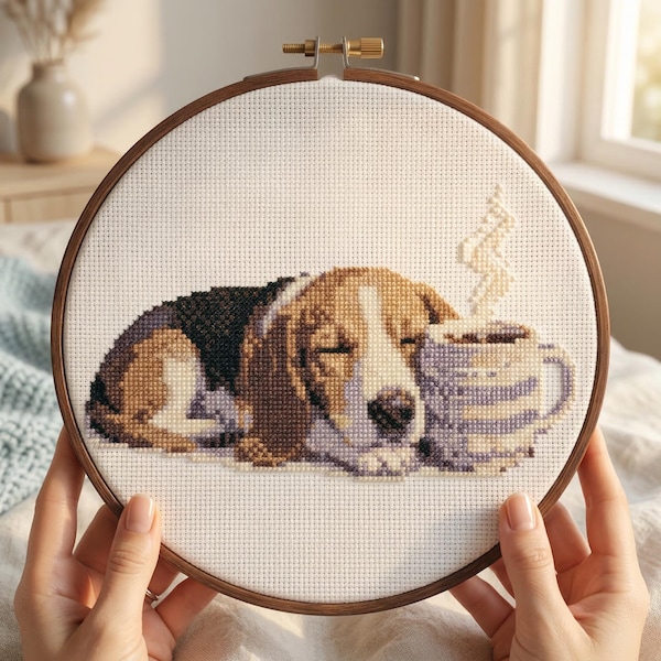 Funny Coffee Nap Beagle Cross Stitch Pattern, Dog Mom Gift, Modern Needlepoint PDF Chart, Animal Wall Art, Instant Download, easy DIY