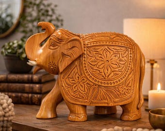 Hand geschnitzte hölzerne Elefantstatue, glückliches Elefant-Dekor, Boho Hauptakzent, rustikale indische hölzerne Skulptur, Housewarminggeschenke