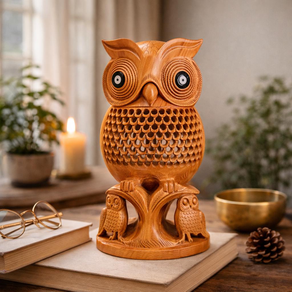 Hand Carved Wooden Owl Statue | Rustic Bird Figurine, Indian Handicraft Home Decor