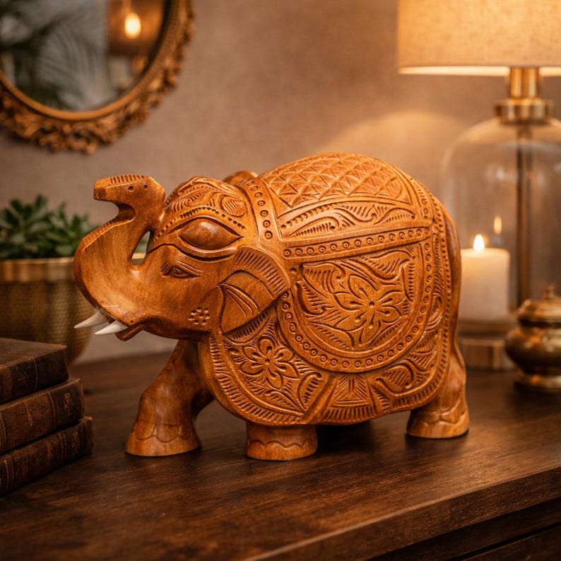 Hand Carved Wooden Elephant Statue, Lucky Elephant Decor, Boho Home ...