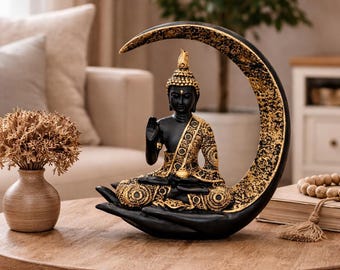 Schwarz Gold Buddha Statue, Zen Meditation Figur, Halbmond Buddha Dekor, spirituelle Wohnkultur, Yoga Geschenk, Resin Buddha