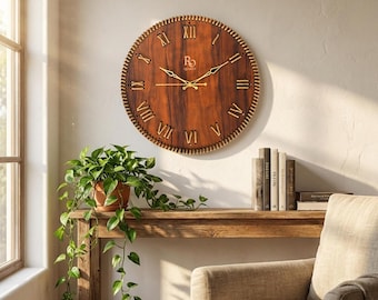 Große Rustikale Wanduhr mit Römischen Ziffern | Holzwerkstoff, Silent Quartz Uhrwerk