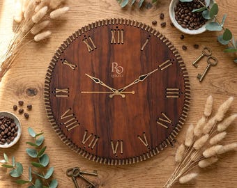 Große Rustikale Wanduhr mit Römischen Ziffern | Holzwerkstoff, Silent Quartz Uhrwerk