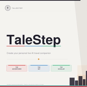 Op de afbeelding: Een digitale afbeelding met het woord "TaleStep" en de slogan "Creëer je persoonlijke live AI reisgenoot". De afbeelding bevat een silhouet van een stadsgezicht en een navigatie-icoon.