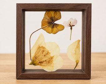 Pressed Flower Frame – Handgemachte Blütenkunst im schwebenden Glasrahmen – Minimalistische Naturdeko – Geschenkidee - Glücksklee