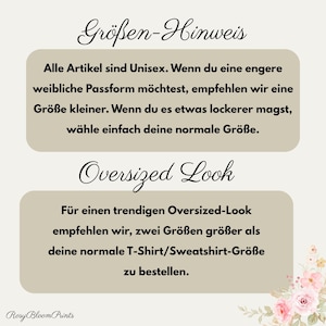 K&ouml;nnte beinhalten: Eine Infografik mit beigem Hintergrund, die zwei Textabschnitte auf Deutsch enth&auml;lt. Der obere Abschnitt ist mit Gr&ouml;ssen-Hinweis betitelt, der untere mit Oversized Look. In der unteren rechten Ecke befindet sich eine florale Illustration.