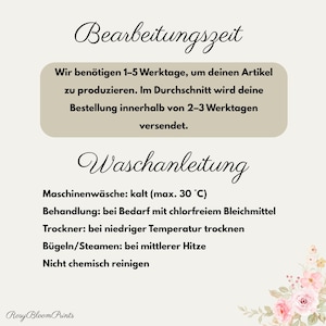 K&ouml;nnte beinhalten: Eine Infografik auf beigem Hintergrund mit dem Text Bearbeitungszeit und Waschanleitung. Sie enth&auml;lt Angaben zu Produktions- und Versandzeiten sowie Waschanweisungen wie Maschinenw&auml;sche kalt, Trockner bei niedriger Temperatur und B&uuml;geln bei mittlerer Hitze.