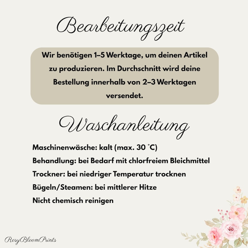 K&ouml;nnte beinhalten: Eine Infografik auf beigem Hintergrund mit dem Text Bearbeitungszeit und Waschanleitung. Sie enth&auml;lt Angaben zu Produktions- und Versandzeiten sowie Waschanweisungen wie Maschinenw&auml;sche kalt, Trockner bei niedriger Temperatur und B&uuml;geln bei mittlerer Hitze.