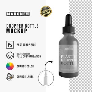May include: A gray plastic dropper bottle mockup with a black cap and the text "PLASTIC DROPPER BOTTLE". The image also includes the text "DROPPER BOTTLE MOCKUP" and "PHOTOSHOP FILE".