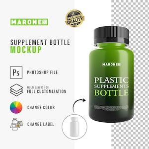 May include: A green plastic supplement bottle mockup with a black cap. The bottle has the text "PLASTIC SUPPLEMENTS BOTTLE" in white and green. The image also includes the text "SUPPLEMENT BOTTLE MOCKUP" and "PHOTOSHOP FILE".