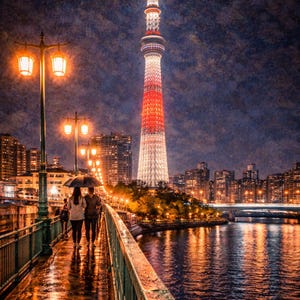 Tokyo Skytree Night Rain Reflection – Sumida River Bridge View, Japan Cityscape Photography, Neon Lights Urban Wall Art
