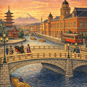 Vintage Japanese Ukiyo-e Tokyo Sunset Scene with Mt. Fuji – Retro Japan Wall Art Print