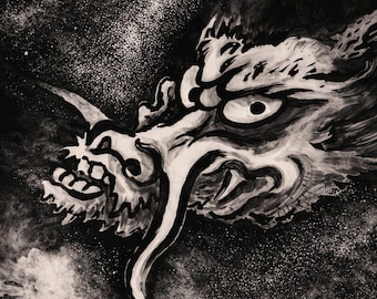 Japanse draak in inkt, Sumi-e Zen wanddecoratie, donkere abstracte penseelschildering, traditioneel geïnspireerd zwart-wit kunstwerk